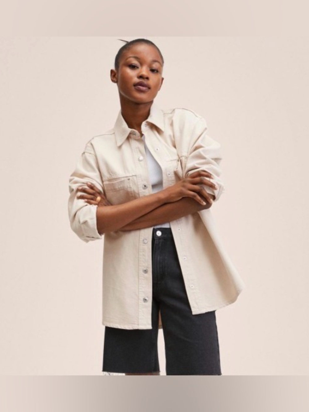 MANGO Ares Overshirt Women XXS Ecru Oversized Denim Shacket 100% Cotton